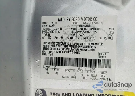 2011 Ford F150 Supercrew из США, поврежденный, VIN 1FTFW1EFXBFC01657